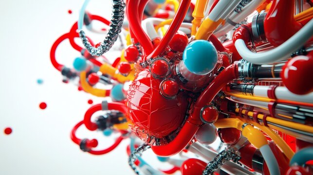 Intricate and abstract of colorful technological structures with tubes and wire 