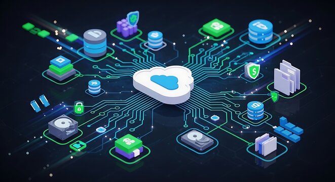 Abstract digital cloud network with circuit board and data servers
