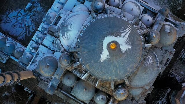 Aerial view of the Hagia Sophia's collection of domes, showing the textures and tones of the historic landmark, Istanbul, Istanbul, Turkiye.