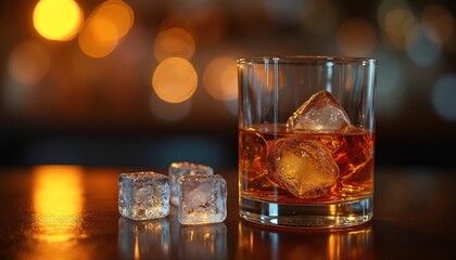 Glass of amber whiskey on rocks sits on glossy bar table. Several ice cubes melt next to drink. Warm bokeh lights glow in dark background. Nighttime scene suggests relaxation stylish celebration