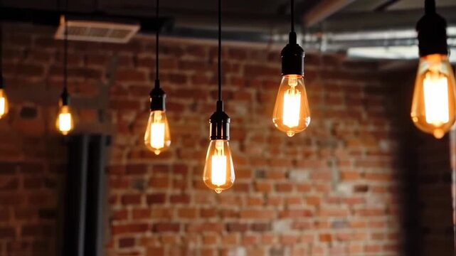 Vintage incandescent light bulbs hanging in a row in front of a brick wall, warm ambient lighting