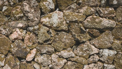 Obraz premium A close-up view of a rugged stone wall featuring assorted irregularly shaped rocks, showcasing a natural texture enriched with moss and lichen, erosion risk