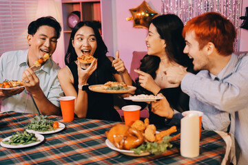 Diversity, dinner and group of people toast celebration together at party. Friends, happy and celebrate with food, wine and friendship for love, support and cheers champagne at business function