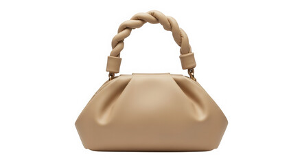A stylish beige handbag with a twisted handle isolated on transparent background