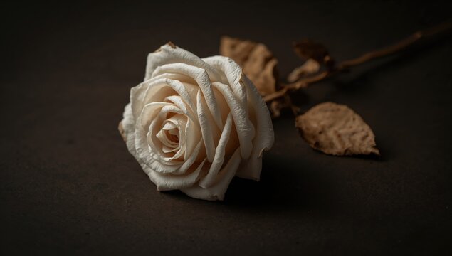 Dried white rose on a dark background illuminated by soft artificial light, enhancing floral preservation
