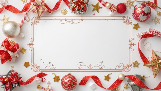 New Year decorations set against a white backdrop, festive framing for text placement