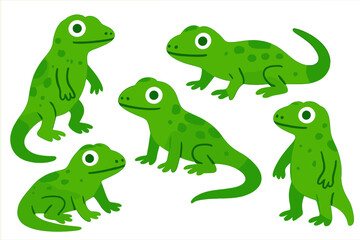 Obraz premium Collection of cute green cartoon lizards in various dynamic poses