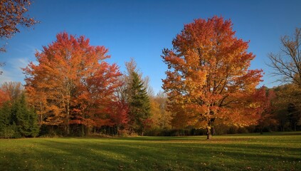 Fototapeta premium Autumn trees featuring vibrant foliage during October, seasonal change