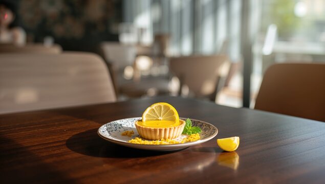 Delicious lemon tart served in a cozy cafe, fiber-dense choice