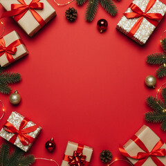 Beautiful Red Christmas Background with Gift Boxes, Ornaments and Pines. Christmas Decorations. Seasonal Wallpaper.