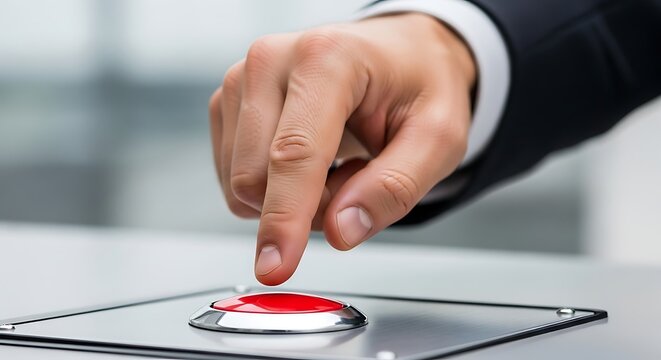Businessman s finger pressing a red button on a control panel