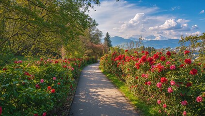 Naklejka premium Lush green pathway lined with camellia flowers, ideal for nature walks during spring