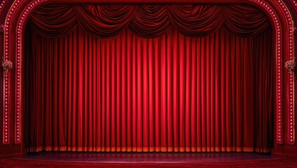 Theater red curtain with neon lamp border, enhancing visual appeal for performance settings