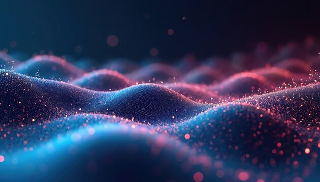 Abstract digital landscape of flowing waves made of tiny particles in blue and pink hues. Glowing points create a futuristic, networked feel. This represents data science and virtual worlds.