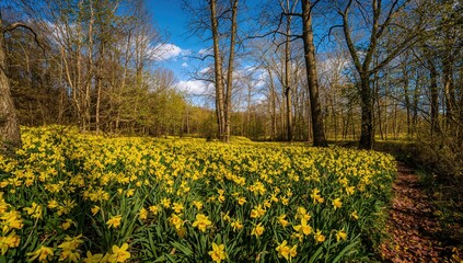 Obraz premium Spring forest blanketed with yellow daffodils, seasonal change