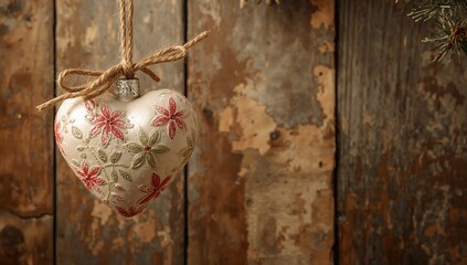 Handcrafted holiday ornament suspended from twine against a weathered wood backdrop, seasonal decor