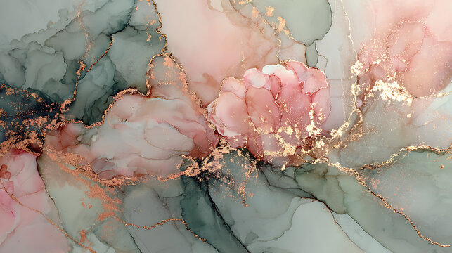 Ethereal pink and green fluid art with gold accents abstract ink painting