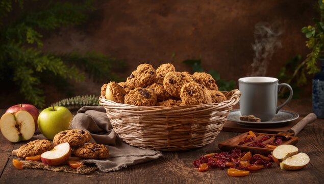 Rustic-style wholesome breakfast featuring homemade oatmeal cookies, apples, and dried fruits, fiber-dense choice