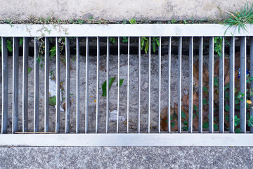 Top-down view of a metal grate covering a roadside storm drain with concrete edges and some natural debris and leaves inside