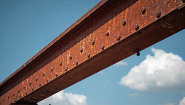 Rusty iron girder with rivets against a backdrop of the sky, highlighting structural integrity