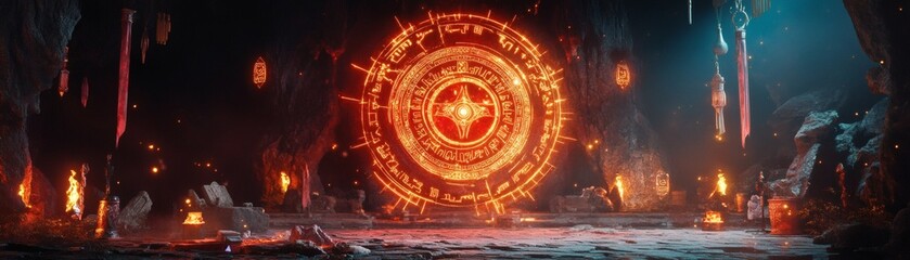 Obraz premium Mystical portal emitting fiery energy, situated within a cavernous space