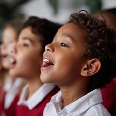Fototapeta premium Joyful multiracial children singing in chorus with enthusiasm and unity