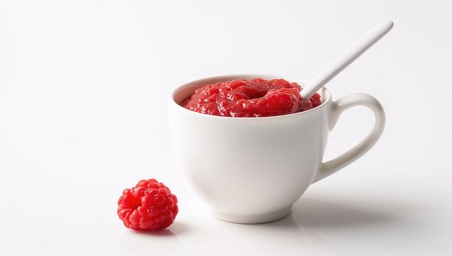 Raw Raspberry Jam Served In A White Cup With A Spoon, Fiber-Dense Choice