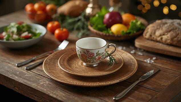 Rustic table arrangement featuring vintage dishware and rosemary herb, suitable background for text layout - Powered by Adobe