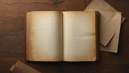 Opened vintage book with worn cover and empty pages, suitable for editorial header background