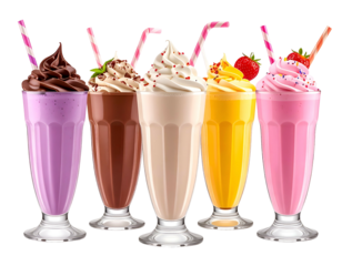 Five colorful drinks with straws and toppings