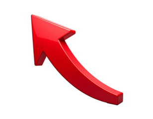 Glossy red arrow points upward and right