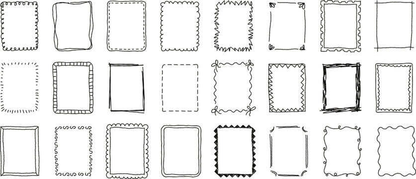 Hand drawn line frames, cute doodle borders with wavy lines and swirls. Rectangular shapes with scribbled edges or zigzag lines, minimalist outline decorative frame vector design element set