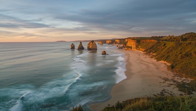 Mahia Beach at sunrise, showcasing the tranquil sea and sky, ideal for travel themes