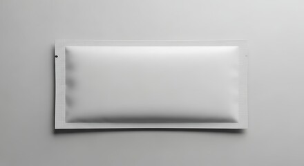 Blank white sachet packaging on a clean gray background