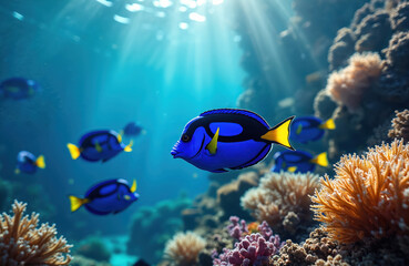 Fototapeta premium Bright image shows blue fish swimming in ocean water. Colourful coral reef is at background. Underwater world with sea creatures. Sunlight penetrates through water.