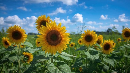 Obraz premium Vibrant sunflowers thriving in sunlight, showcasing seasonal change