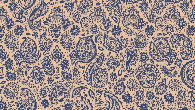 Indigo ethnic ikat allover pattern with seamless paisley motifs for textiles, interiors, fashion, and web use