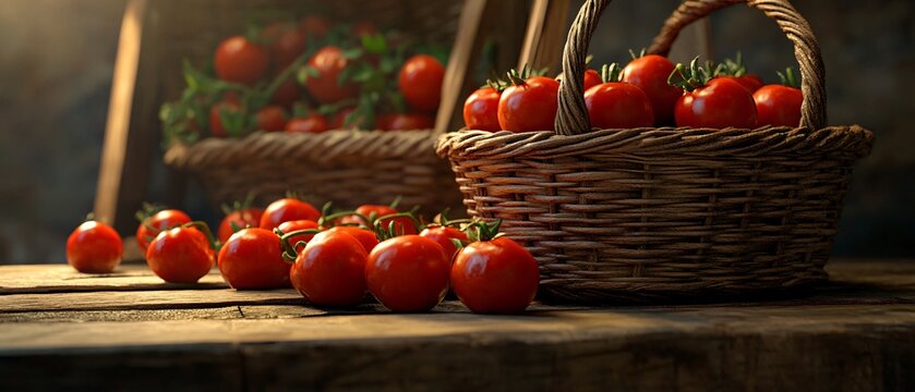 Fresh Tomatoes in Basket and on Wooden Surface