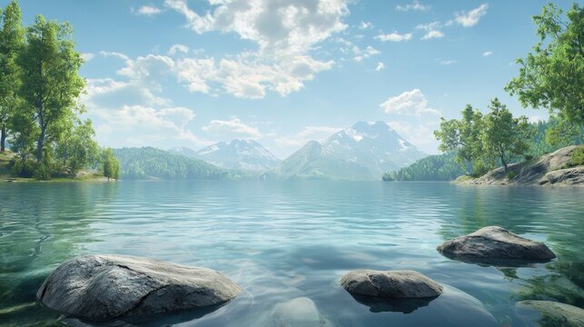 Serene lake landscape with mountains and lush greenery under a clear blue sky