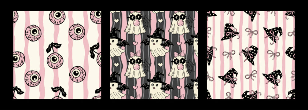 Seamless Vector Pattern Set In Retro Pink Halloween Eyeballs  Ribbons, Cute Ghosts In Costumes, Witch Hats With Bows On Striped Background.