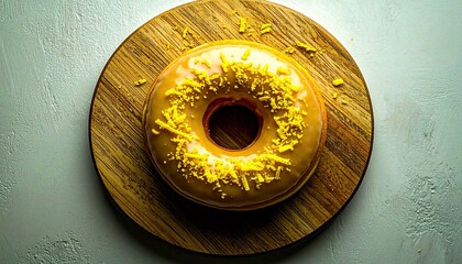 Lemon Zest Glazed Donut on Round Light Wooden Board
