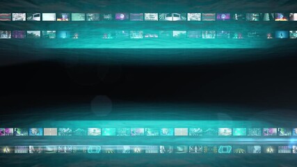 digital opener with many small videos in slide bars moving to side. Black empty space for title or headline. Streaming backdrop