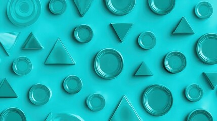 Vibrant turquoise background with raised circular and triangular shapes, modern playful 3D pattern with glossy finish