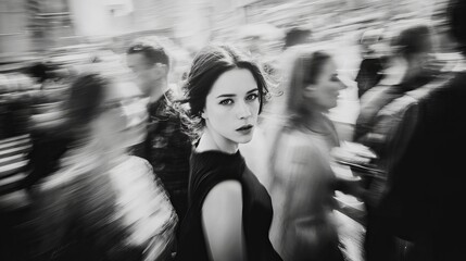  black and white photograph of  elegant brunette woman, walking through  crowd outdoor, blurred motion,  cinematic 