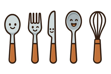Happy cartoon eating utensils with wooden handles set