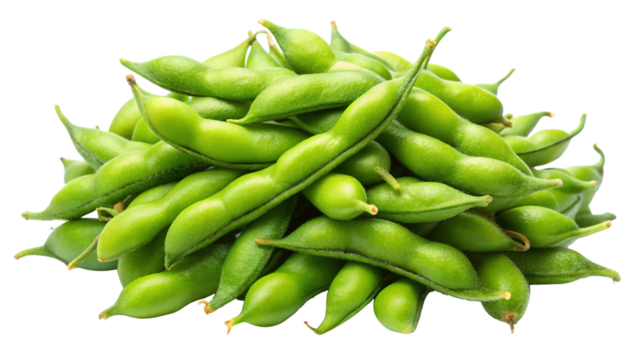 A generous pile of fresh green edamame pods isolated on transparent background