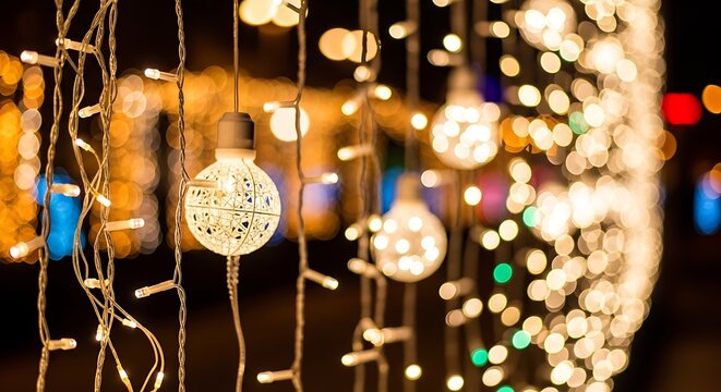 Close up of glowing string lights and decorative bulbs at night - Powered by Adobe