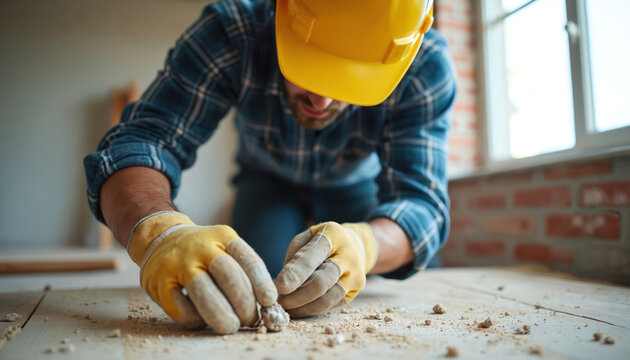 Construction worker wears hard hat and gloves. He repairs wooden floor during home renovation. Man works on building site with tools, focused on task. - Powered by Adobe