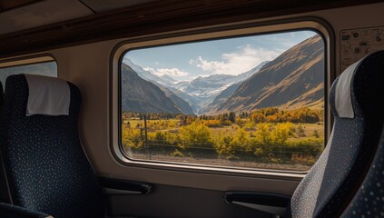 Inside a commuter train traveling through mountainous terrain. Scenic train ride during fall season. Rail transit experience.