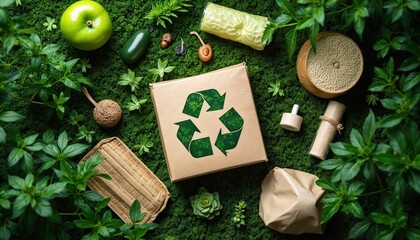 Eco packaging items like boxes, bags, and apple surround recycling symbol on moss. Natural elements promote reuse and a green planet. Think reuse, reduce, recycle concept.